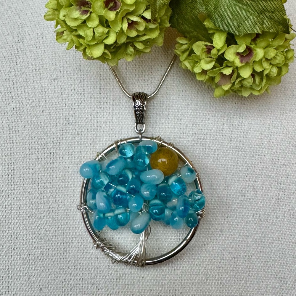 Tree of Life Turquoise Colored Beads Pendant Wire Wrapped Silver Chain Necklace